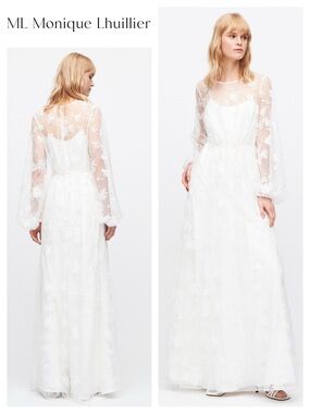 ML MONIQUE LHUILLIER Embroidered Tulle Long Sleeve Gown